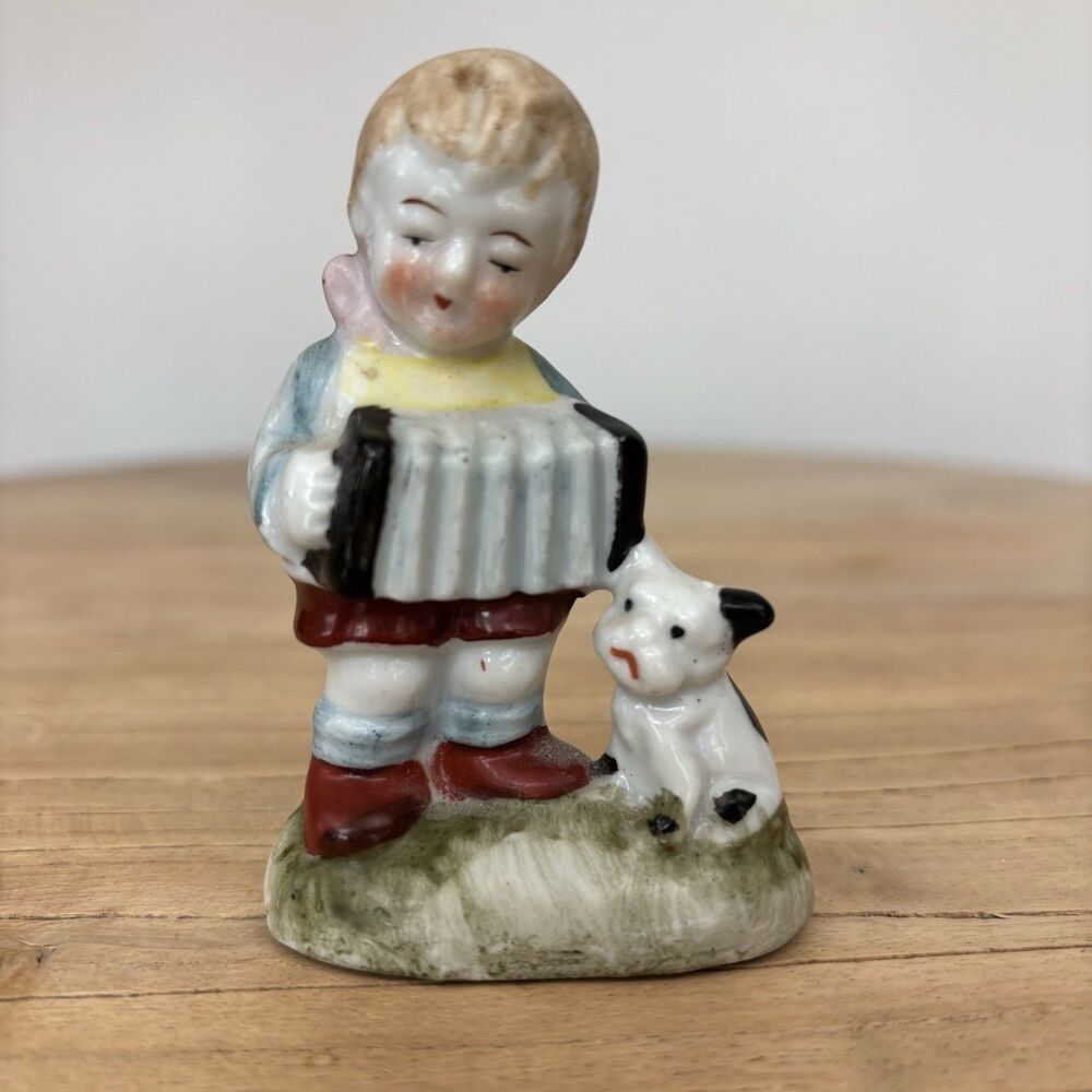 Vtg Boy Playing Accordian Dog Porcelain Japan Hand Painted Music Farmhouse Decor